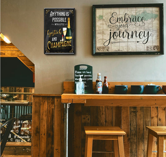 Blechschild ''Anything os possible with Lipstick and Champagne'' 20x30cm