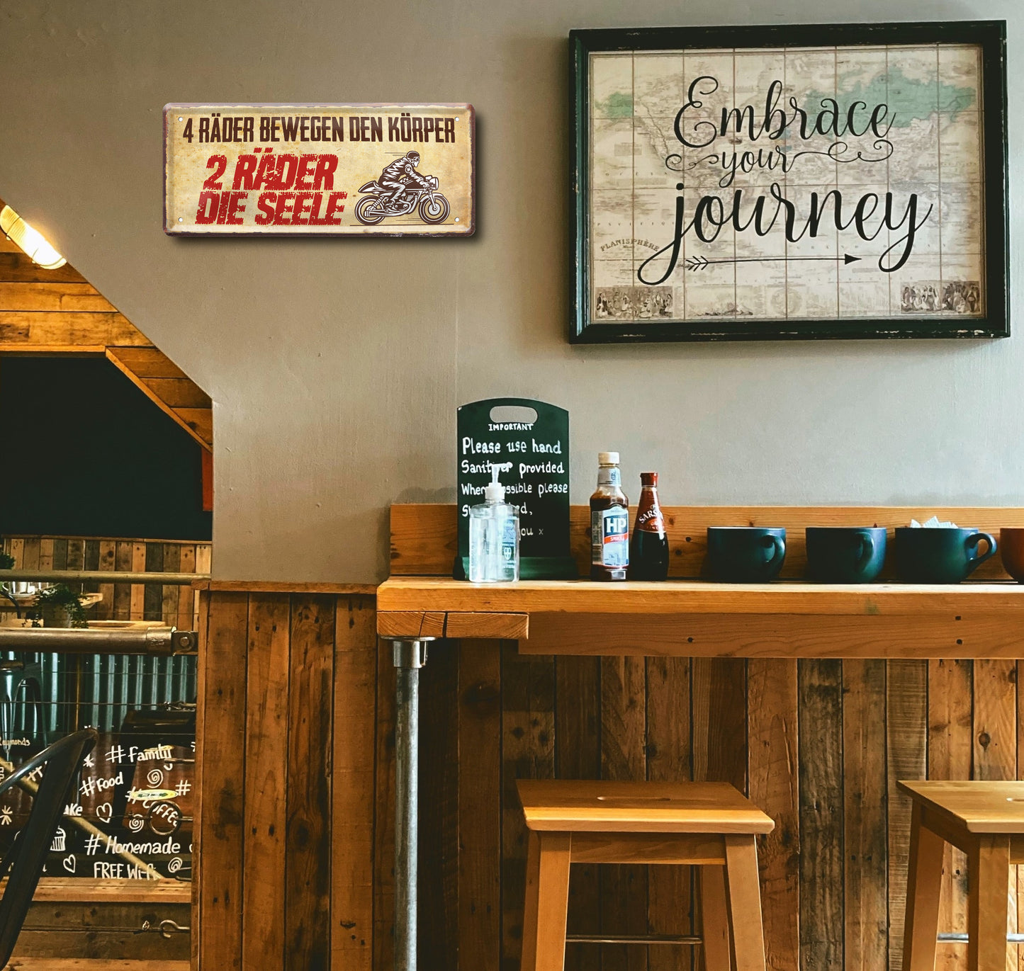 Blechschild ''4 Räder bewegen den Körper, 2 Räder die Seele'' 28x12cm