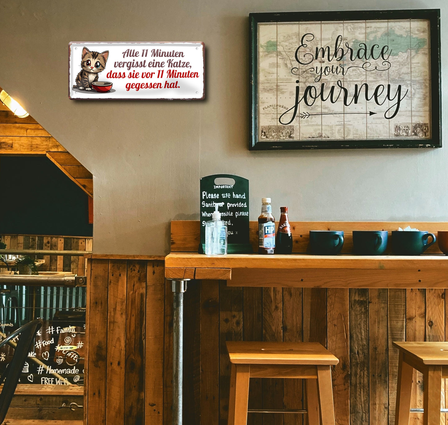 Blechschild ''Alle 11 min vergisst eine Katze, dass sie gegessen hat'' 28x12cm