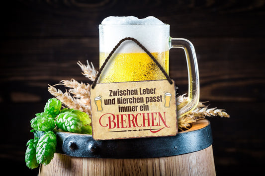 Blechschild ''Zwischen Leber und Niere.. Bierchen'' 18x12cm