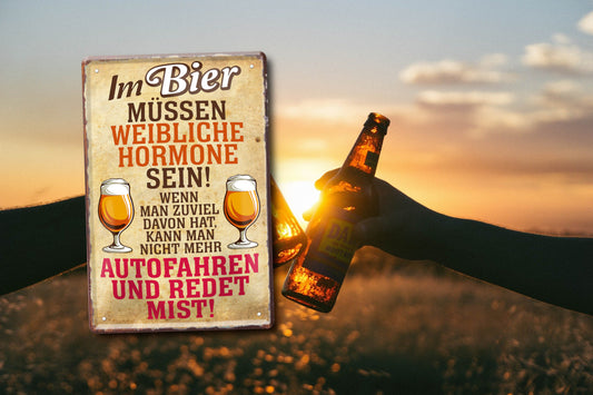 Blechschild ''Im Bier weibliche Hormone redet mist'' 20x30cm