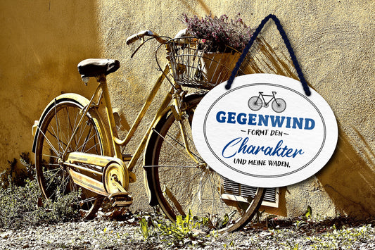 Blechschild ''Gegenwind formt den Charakter udn meine Waden'' 18x14cm