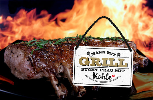 Blechschild ''Mann mit Grill sucht Frau mit Kohle'' 18x12cm