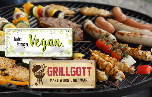 Blechschild ''Grillgott. Make Wurst, not War'' 28x12cm