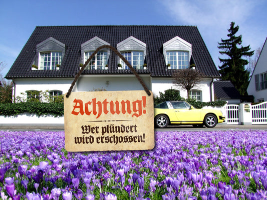 Blechschild ''Achtung. Wer plündert wird erschossen'' 18x12cm