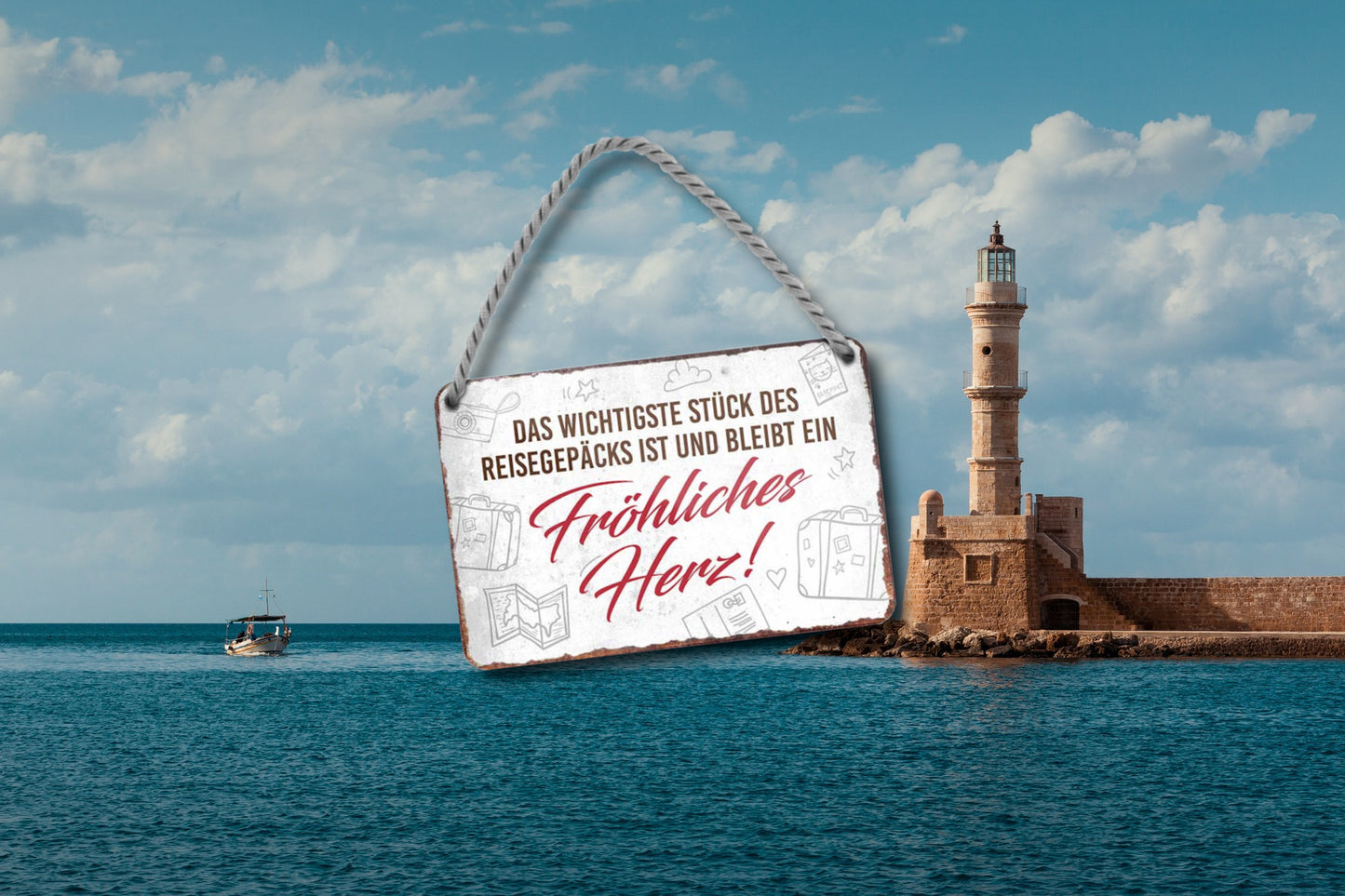 Blechschild ''Das wichtigste Stück des Reisegepäcks.. fröhliches Herz'' 18x12cm