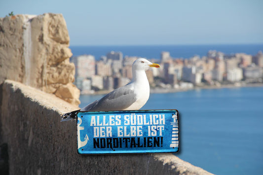 Blechschild ''Alles südlich der Elbe ist Norditalien'' 28x12cm