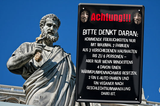 Blechschild ''Achtung. Feiern nur 2 Personen mit Wärmepumpe'' 20x30cm