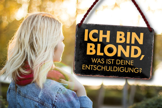 Blechschild ''Ich bin blond, was ist deine Entschuldigung'' 18x12cm