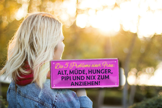 Blechschild ''Die 5 Probleme einer Frau. nix zum anziehen'' 28x12cm