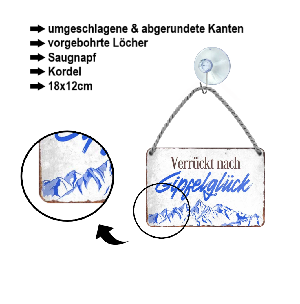 Blechschild ''Verrückt nach Gipfelglück'' 18x12cm