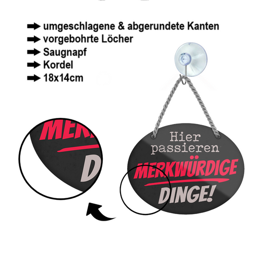 Blechschild ''Hier passieren merkwürdige Dinge'' 18x14cm