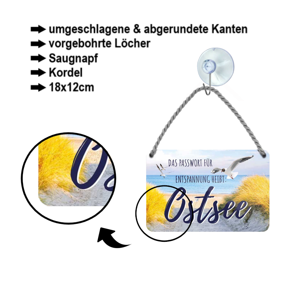 Blechschild ''Das Passwort für Entspannung heißt Ostsee (Möwen)'' 18x12cm