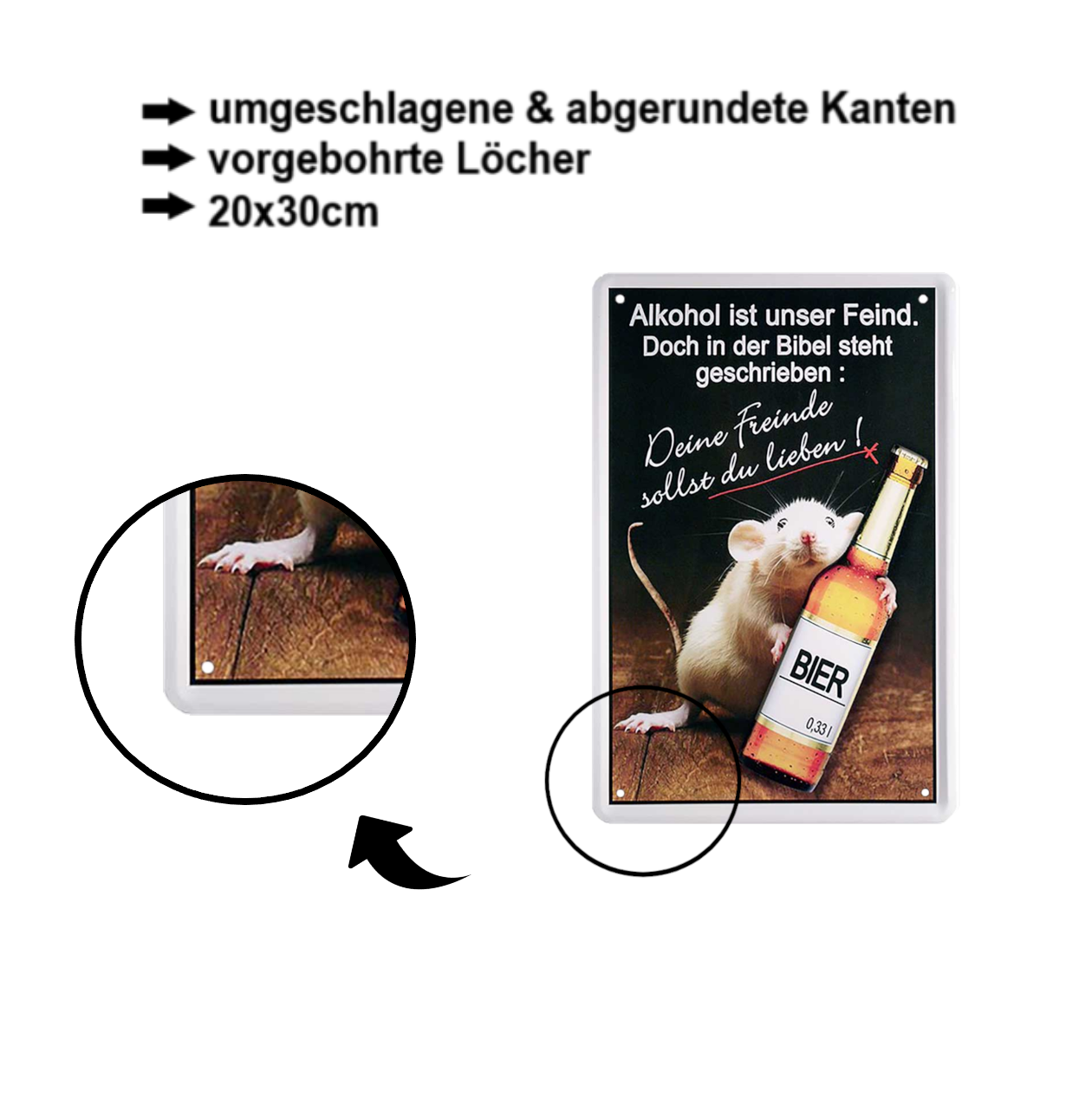 Blechschild ''Alkohol ist unser Feind (Maus Bier)'' 20x30cm