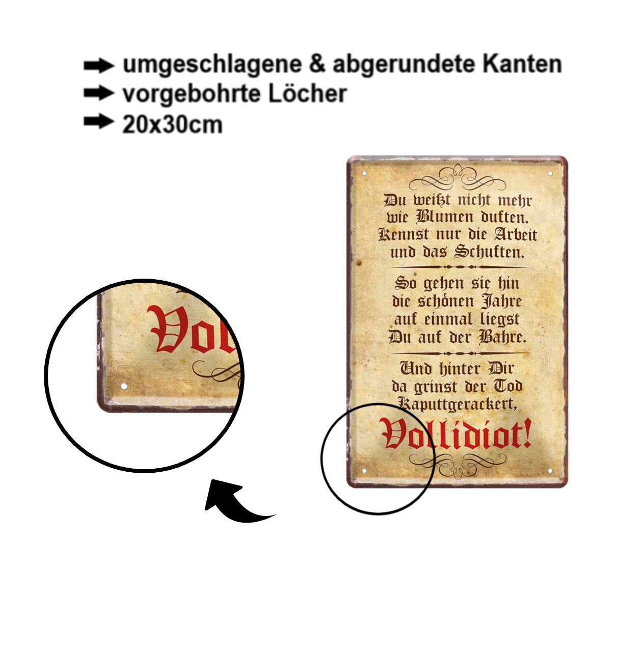 Blechschild ''Du weißt nicht mehr wie Blumen duften.. Vollidiot'' 20x30cm