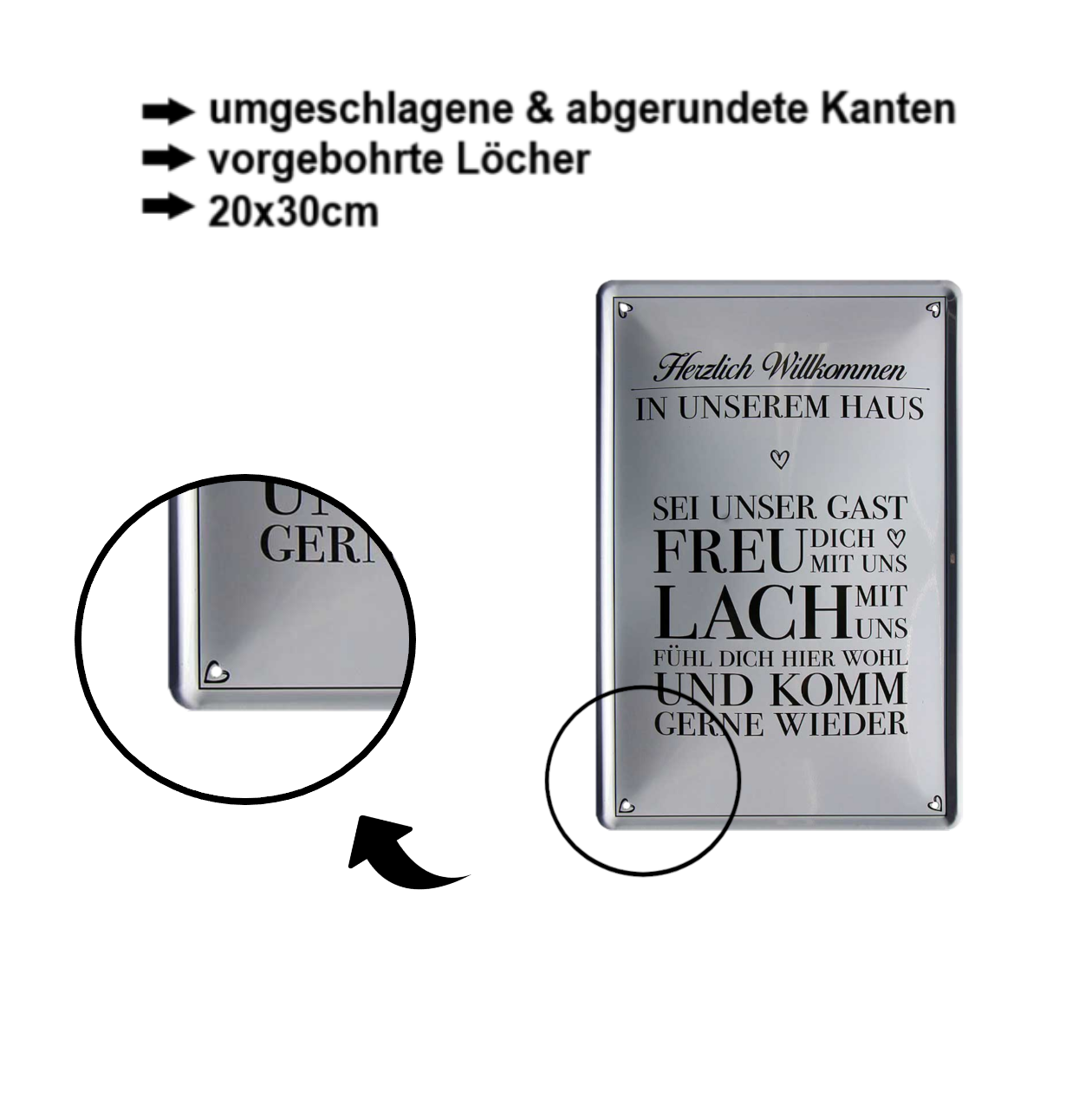 Blechschild ''Herzlich Willkommen sei unser Gast, Freu dich Lach'' 20x30cm