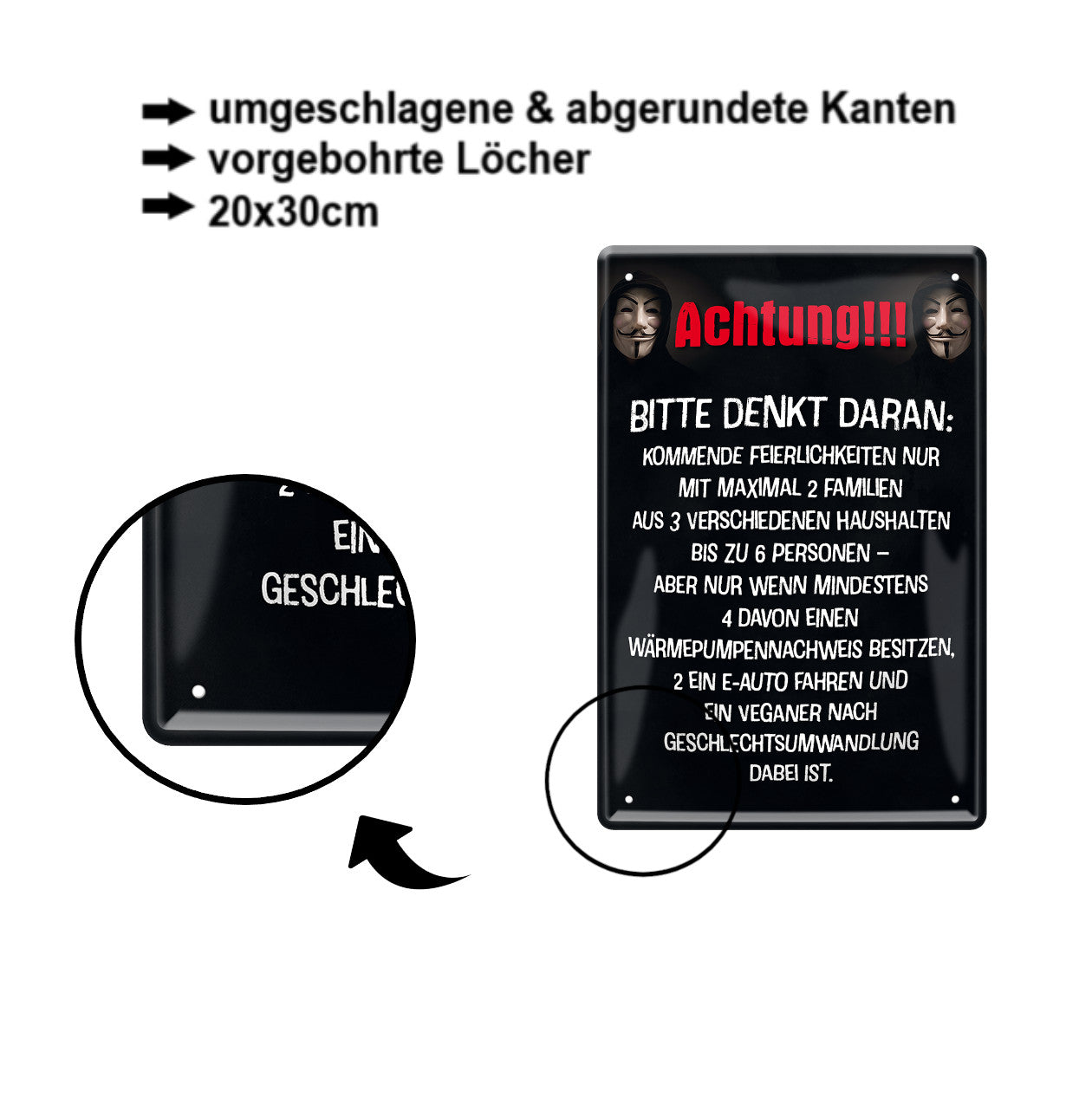 Blechschild ''Achtung. Feiern nur 2 Personen mit Wärmepumpe'' 20x30cm