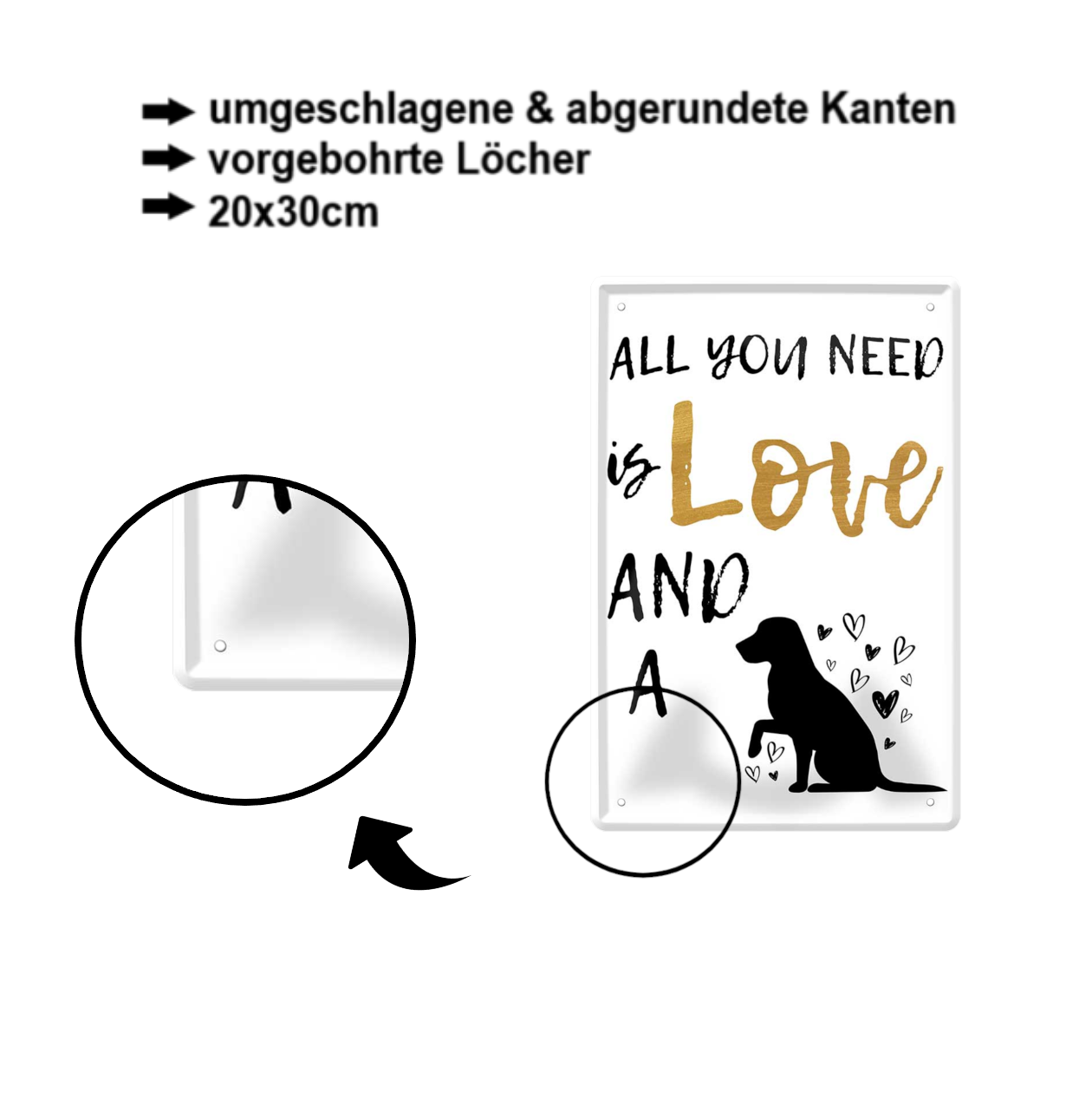 Blechschild ''All you need is love an an dog'' 20x30cm