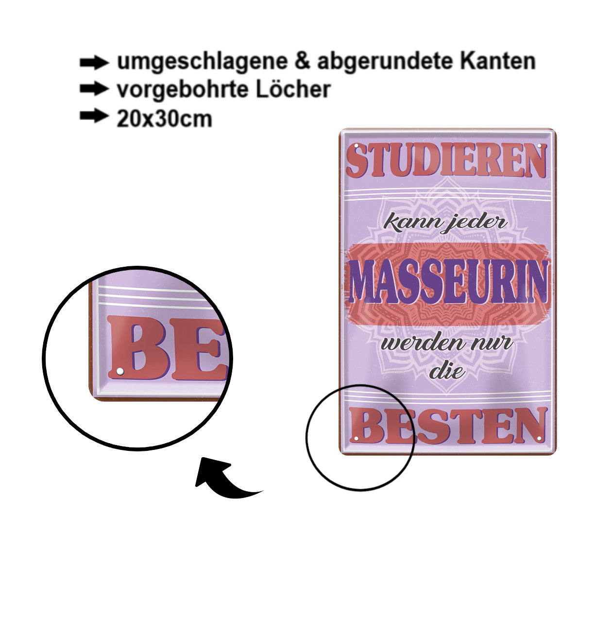 Blechschild ''Studieren kann jeder Masseurin'' 20x30cm