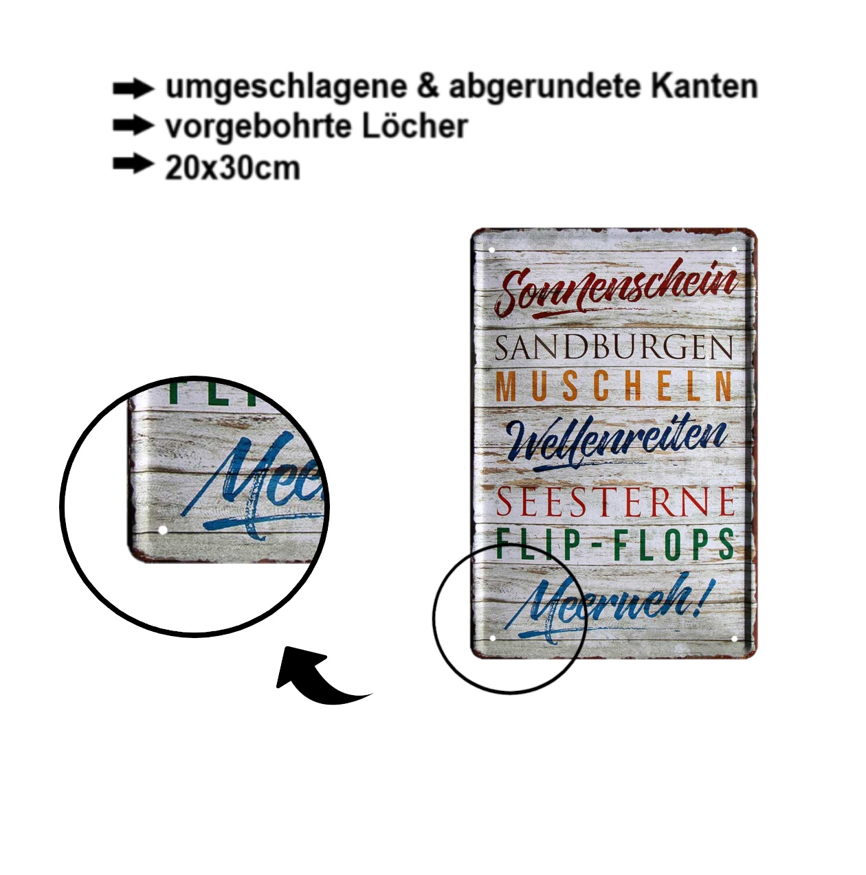 Blechschild ''Sonnenschein, Sandburgen, Muscheln'' 20x30cm