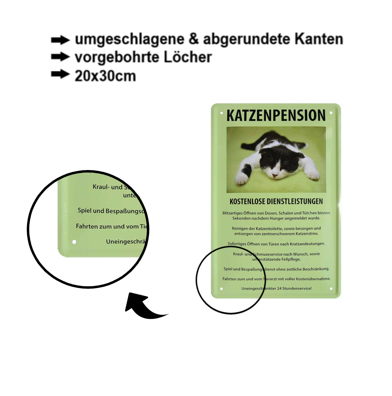 Blechschild ''Katzenpension Kostenlose Dienstleistungen'' 20x30cm