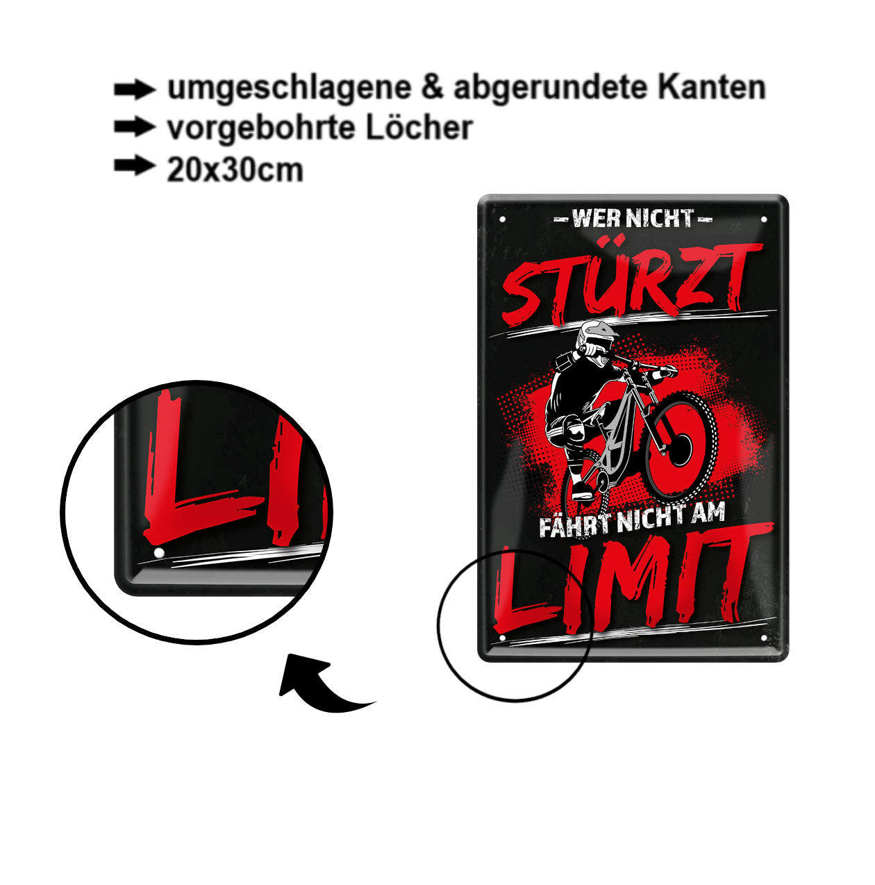 Blechschild ''Wer nicht stürzt fährt nicht am Limit'' 20x30cm