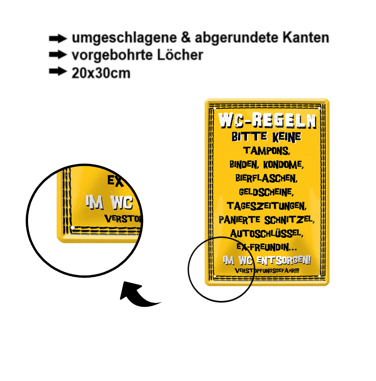 Blechschild ''WC-Regeln. Bitte keine Tampons, Binden'' 20x30cm