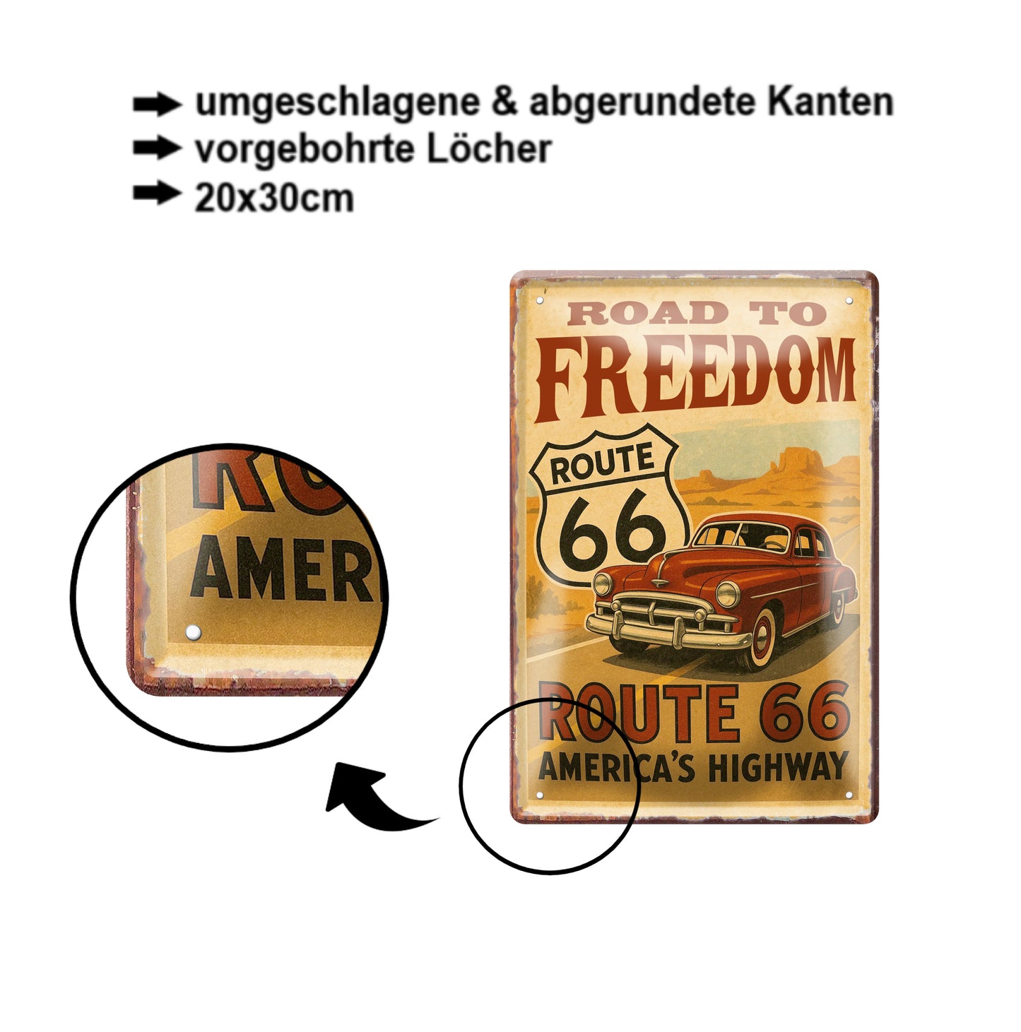Blechschild ''Road to freedom Route 66''20x30cm