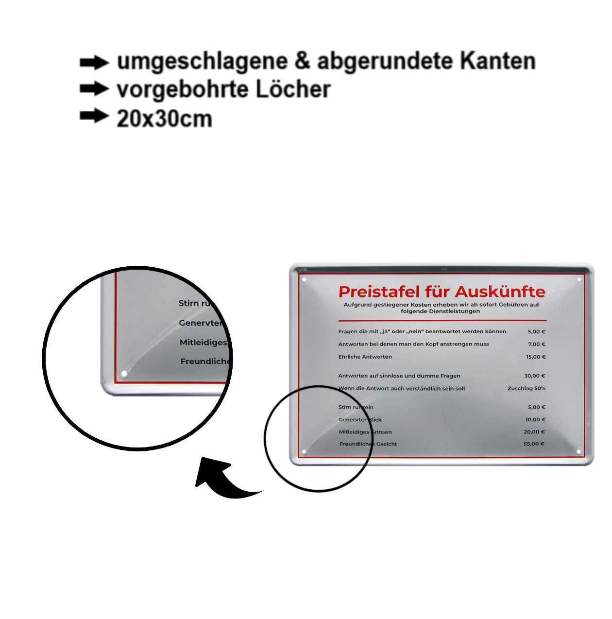 Blechschild ''Preistafel für Auskünfte'' 20x30cm