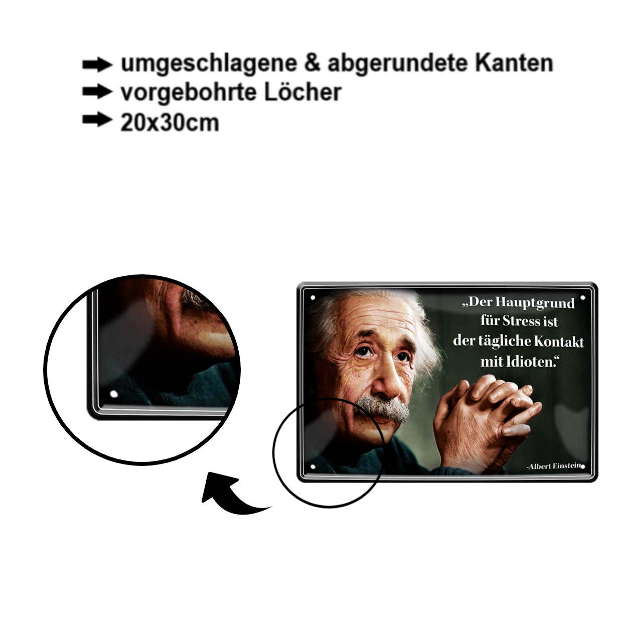 Tin sign ''The main reason for stress (Einstein, centered text)'' 20x30cm