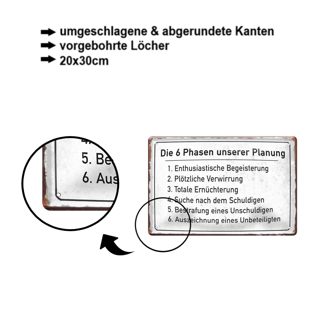 Blechschild ''Die 6 Phasen unserer Planung'' 20x30cm