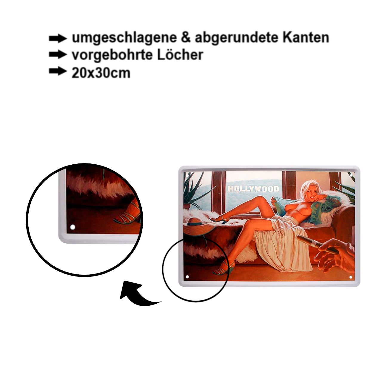 Blechschild ''Pinup Hollywood, kein BH'' 20x30cm