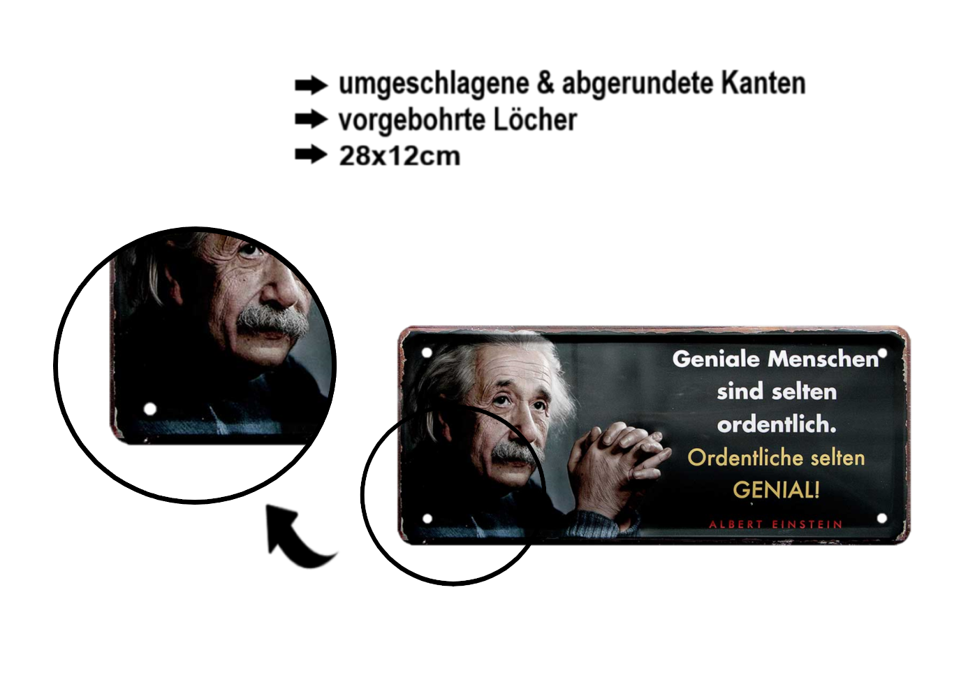 Blechschild ''Geniale Menschen sind selten ordentlich (Einstein)'' 28x12cm