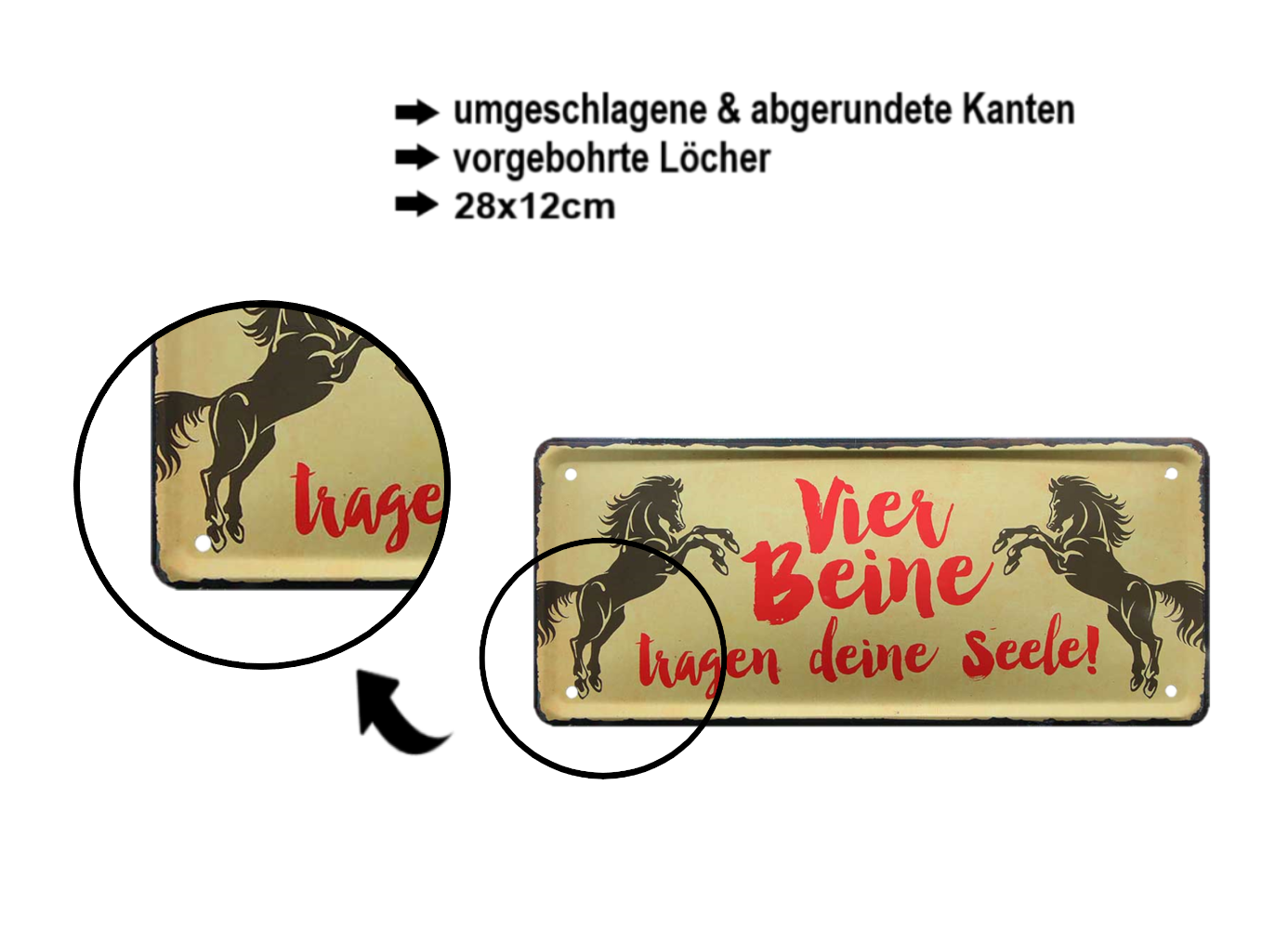 Blechschild ''Vier Beine tragen deine Seele (2 pferde)'' 28x12cm
