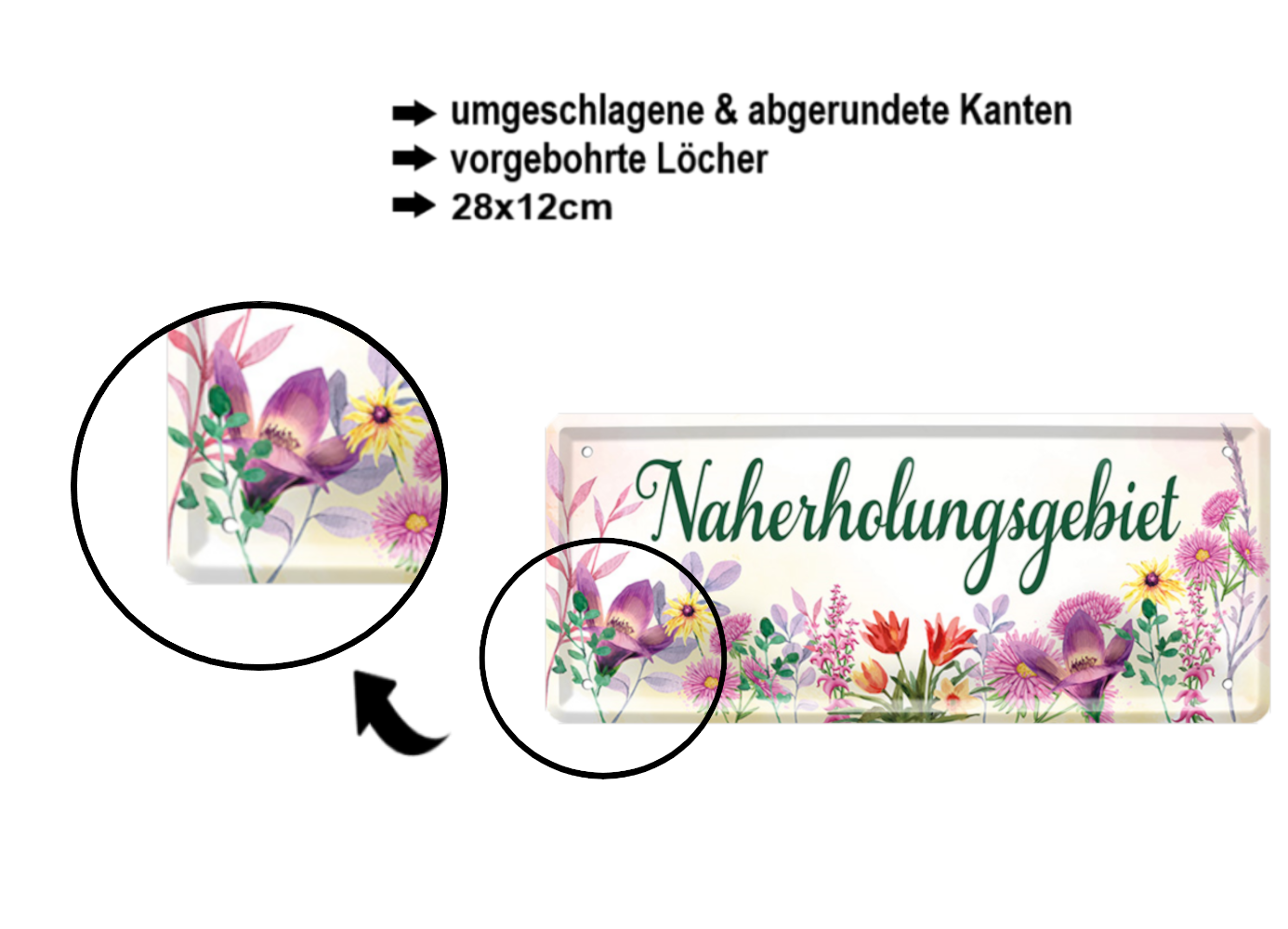 Blechschild ''Naherholungsgebiet (Blumen unten)'' 28x12cm