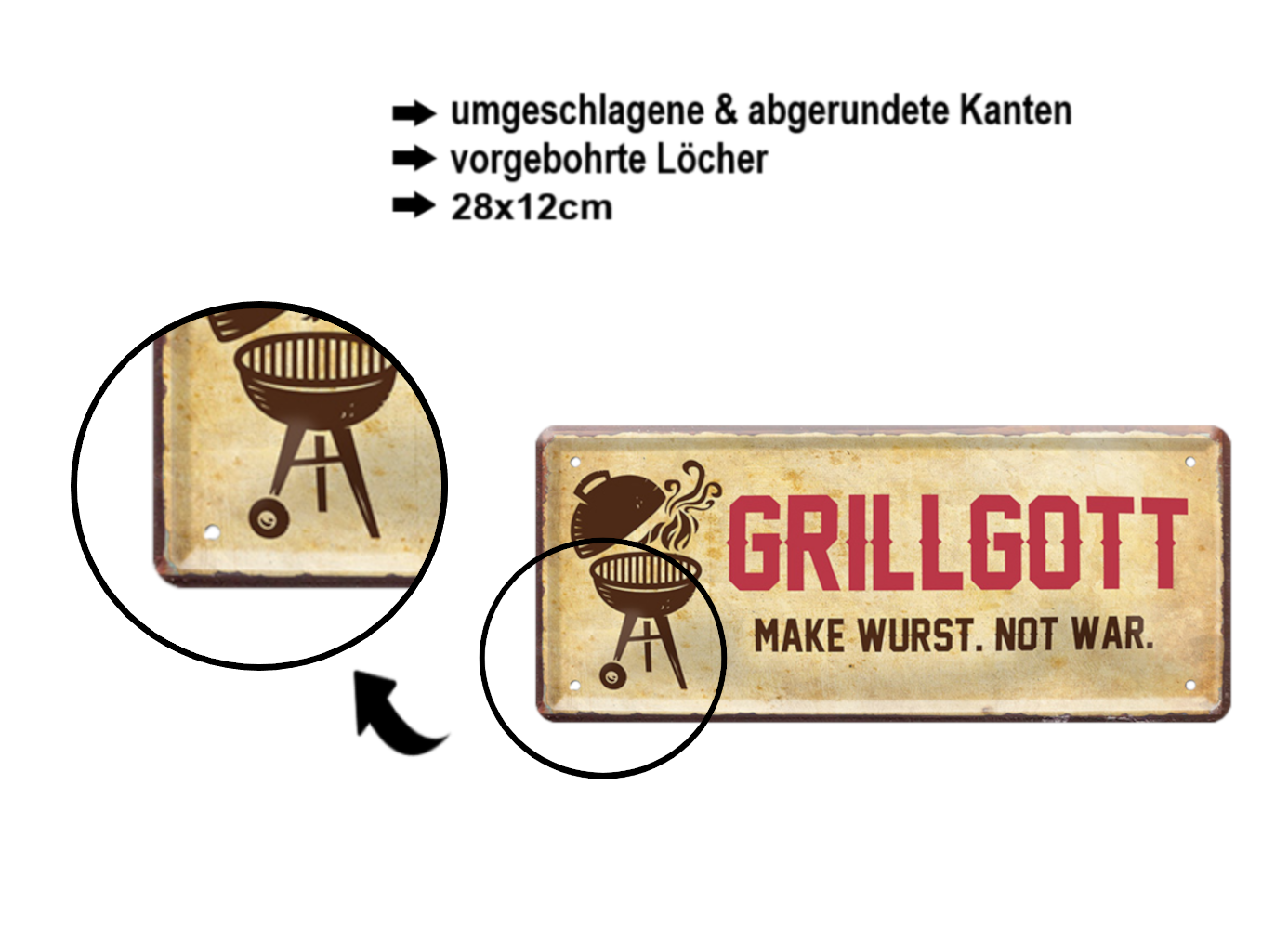 Blechschild ''Grillgott. Make Wurst, not War'' 28x12cm