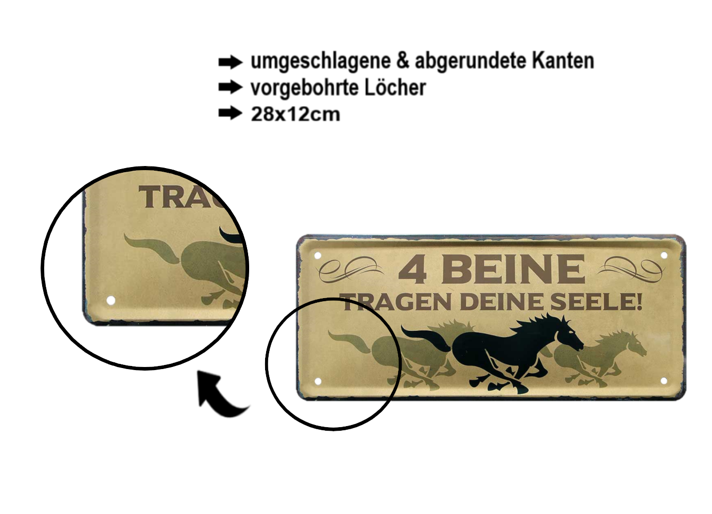 Blechschild ''4 Beine tragen deine Seele (3 pferde)'' 28x12cm