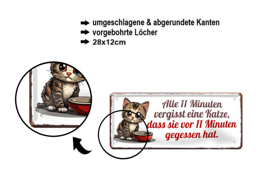 Blechschild ''Alle 11 min vergisst eine Katze, dass sie gegessen hat'' 28x12cm
