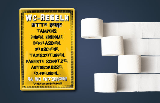 Blechschild ''WC-Regeln. Bitte keine Tampons, Binden'' 20x30cm