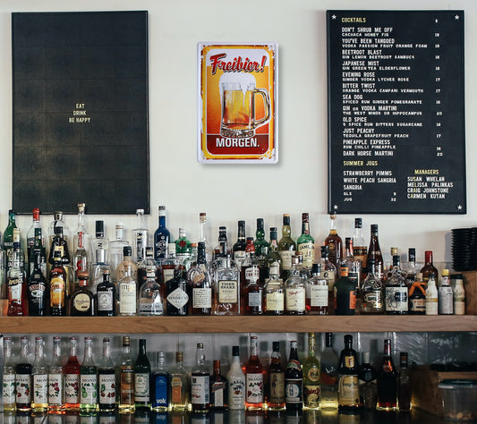 Blechschild ''Freibier Morgen'' 20x30cm