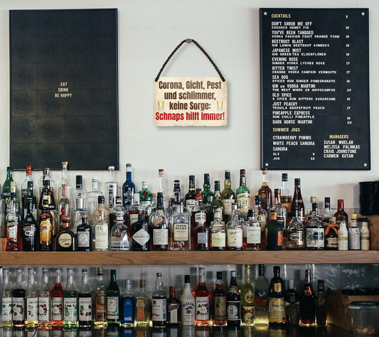 Blechschild ''Corona, Gicht, Pest und Schlimmer.. Schnaps'' 18x12cm