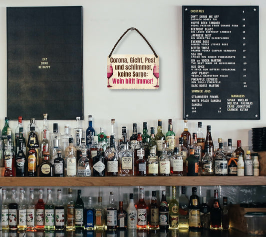 Tin sign "Corona, gout, plague and worse... wine" 18x12cm