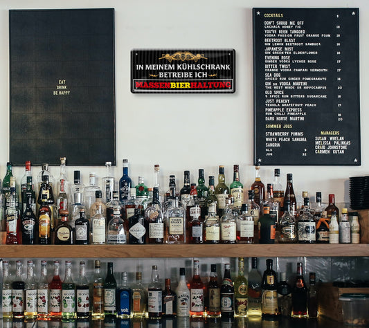 Blechschild ''In meinem Kühlschrank betreibe ich Massenbierhaltung'' 28x12cm