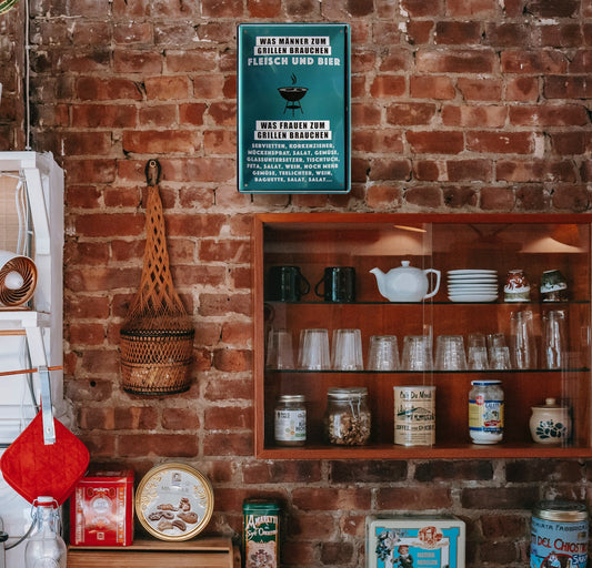 Blechschild ''Was Männer zum Grillen brauchen Fleisch Bier (türkis weis)'' 20x30cm