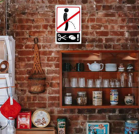 Blechschild ''Nicht im stehen Pinkeln, sonst Eier ab (Schere Eier)'' 20x30cm