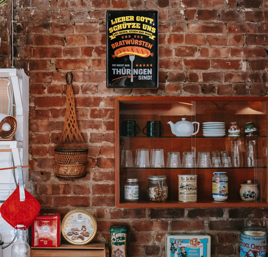 Blechschild ''Lieber Gott, schütze uns.. Bratwürsten'' 20x30cm