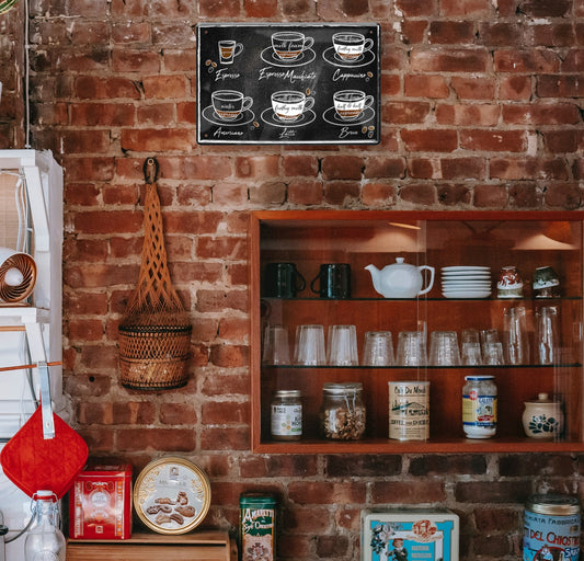 Blechschild ''Espresso, Espresso Macchiato usw (schwarzer Hintergrund)'' 20x30cm