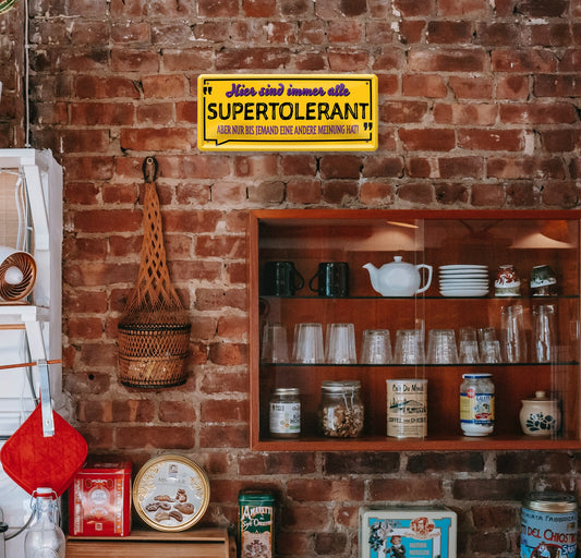 Blechschild ''Hier sind immer alle supertolerant'' 28x12cm