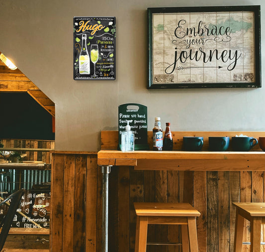 Blechschild ''Hugo (Flasche&Sektglas, Zutatenliste, schwarzer Hintergrund)'' 20x30cm