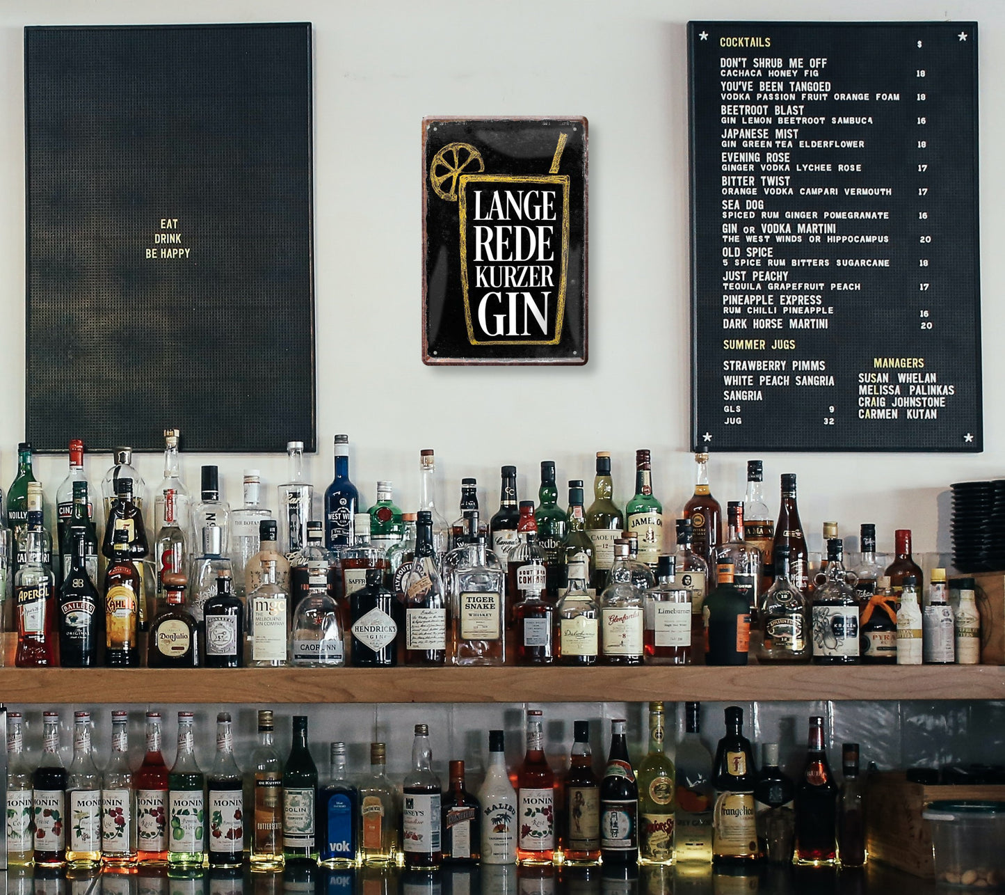 Blechschild ''Lange Rede kurzer Gin (schwarzer Hintergrund)'' 20x30cm
